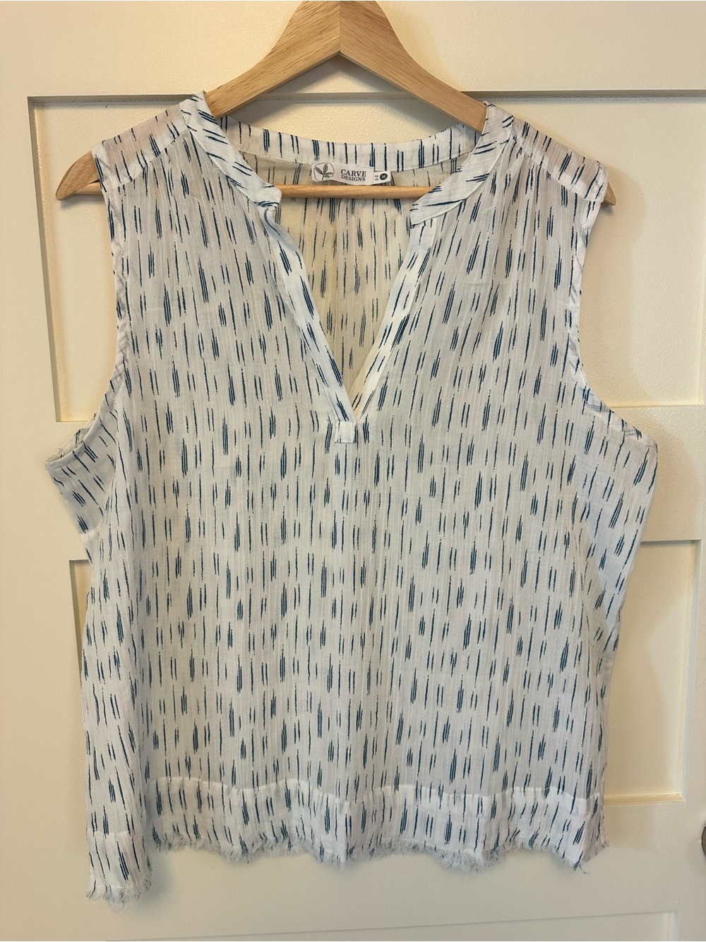 Carve Designs Dylan Gauze Sleeveles Blue Stripe Split-Neck Top
